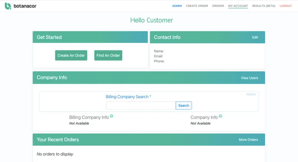 Botanacor Customer Portal Screenshot