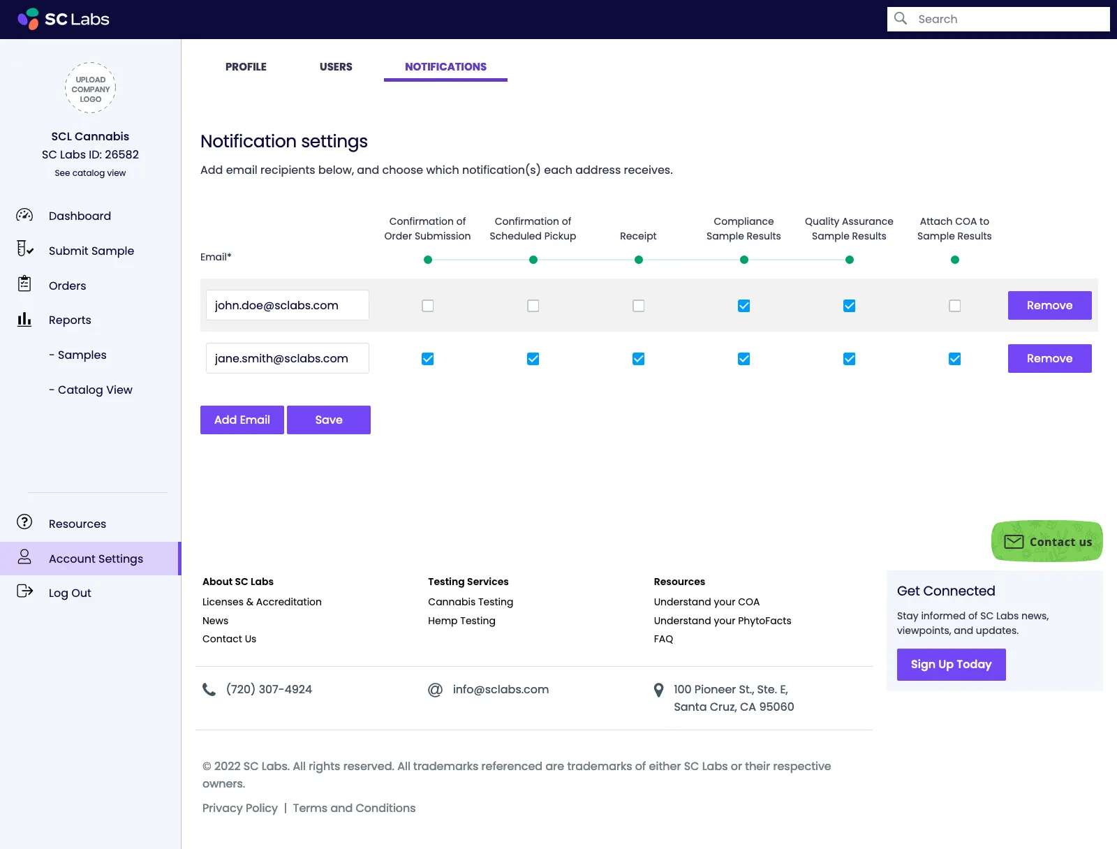 SC Labs CSP Account Settings: Notifications