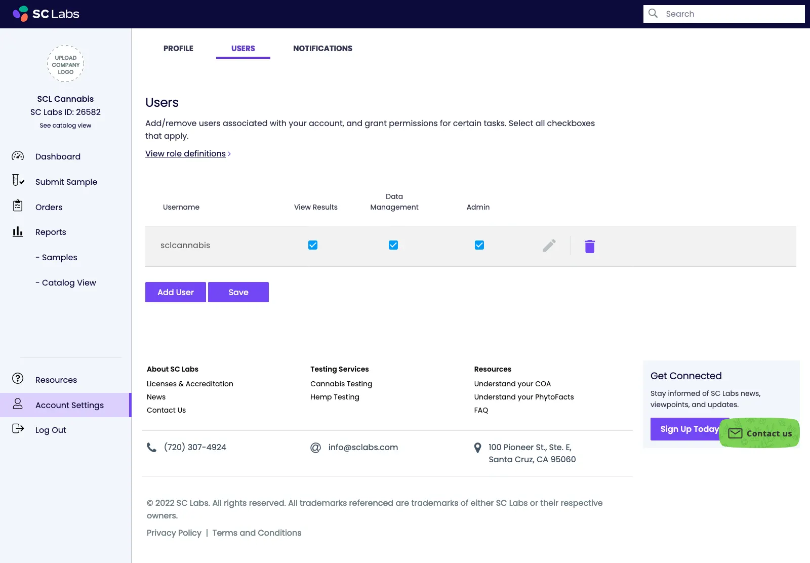 SC Labs CSP Account Settings: Users