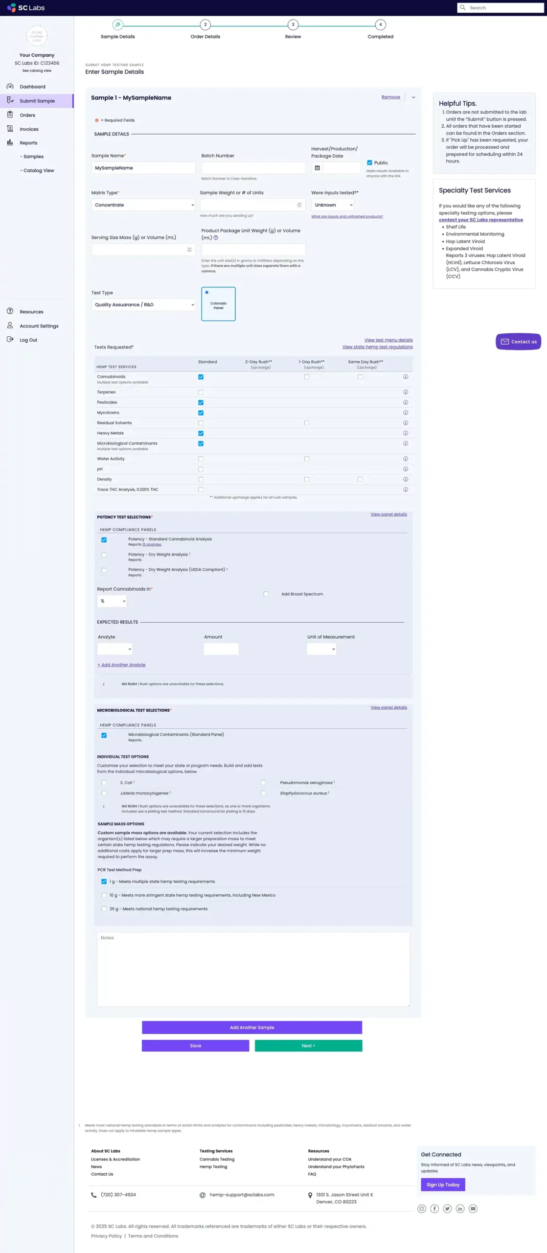 SC Labs CSP Submit Samples - Sample Detail page