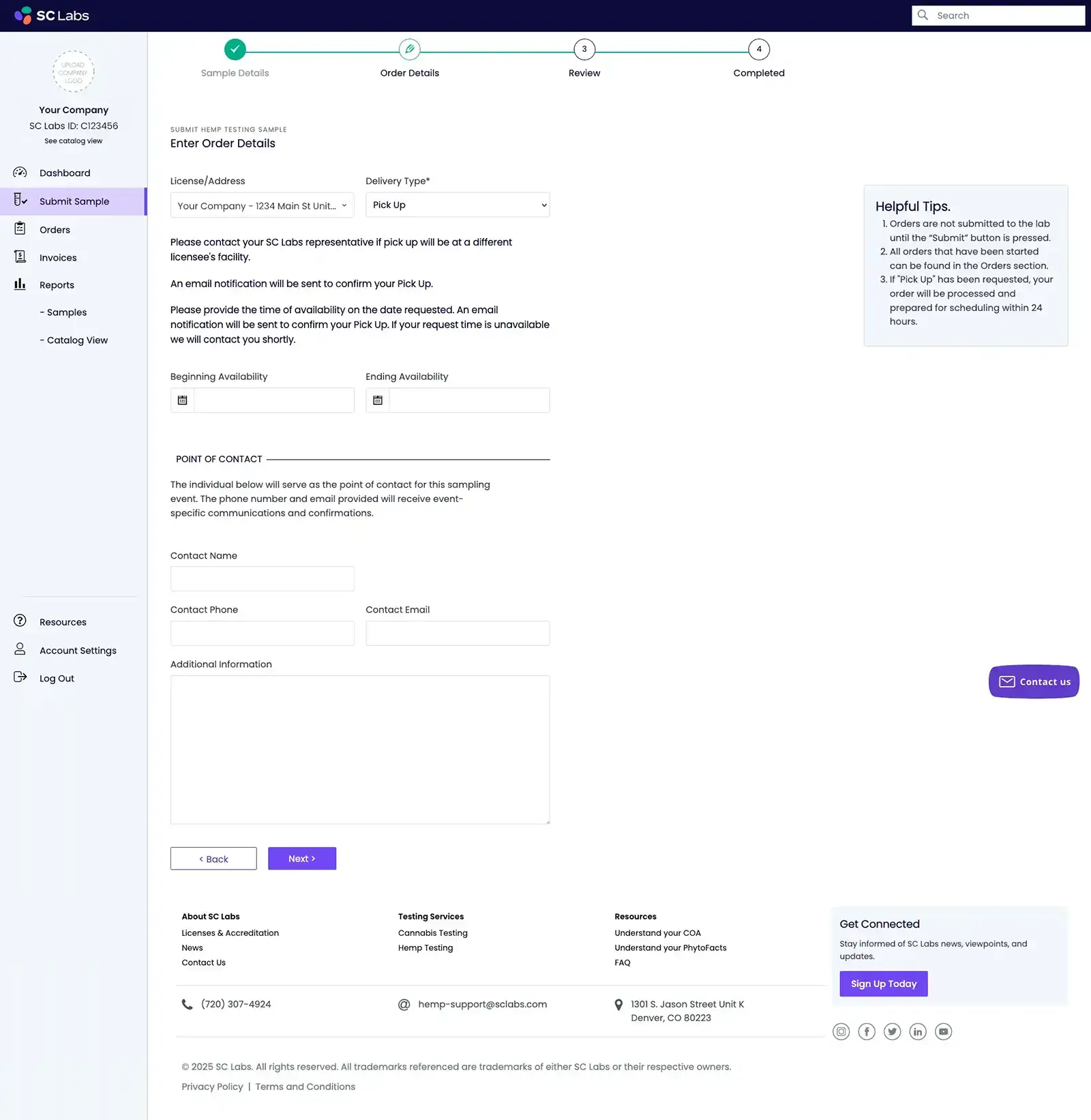 SC Labs CSP Submit Samples - Order Details page